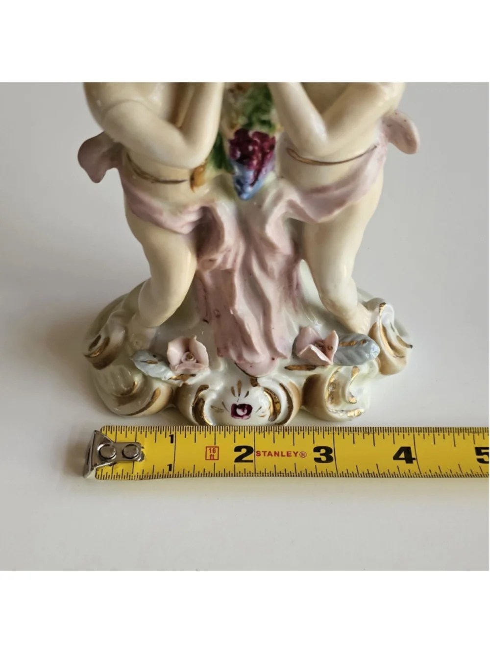 Porcelain Double Cherub Figural Vase Basketweave Grapes & Rose Gilt 6.25